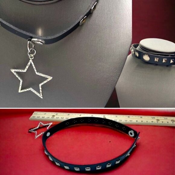 Silver Rhinestone Star l Black l Leather l Studded Necklace Choker l New - Picture 4 of 7
